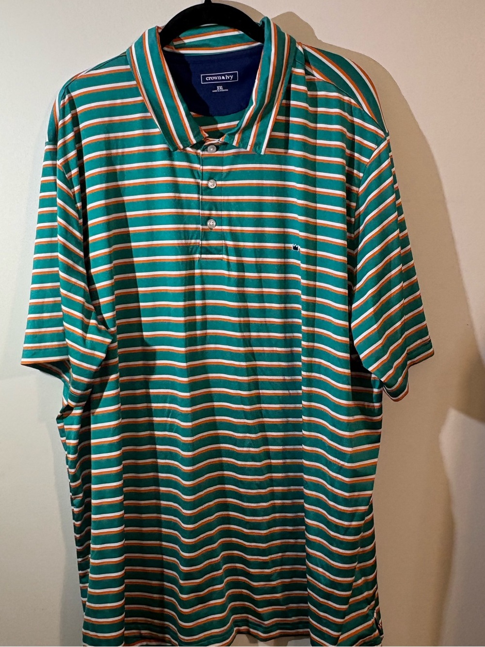 Crown & Ivy performance polo shirt men’s XXL green orange white stripes logo